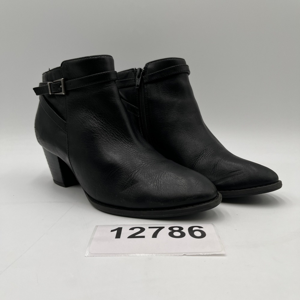 VIONIC 322UPTON Bootie Womens 7.5 Black Leather Side Zip Wood Stack Heel Boots